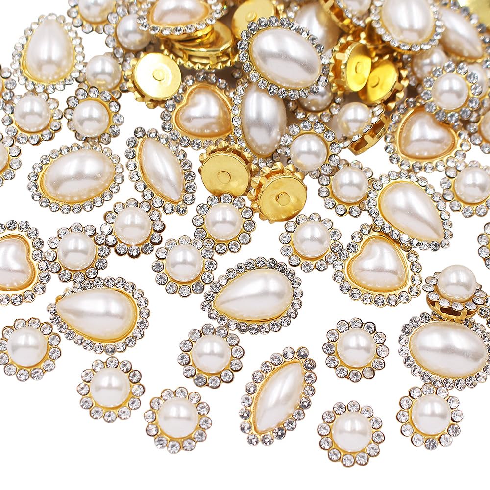 LICHLIN 100pcs Sunflower Sew on Rhinestones Pearl Trim Mixed Gold Claw Shiny Crystal Stones Beads Sewing Rhinestones Pearl Crafts