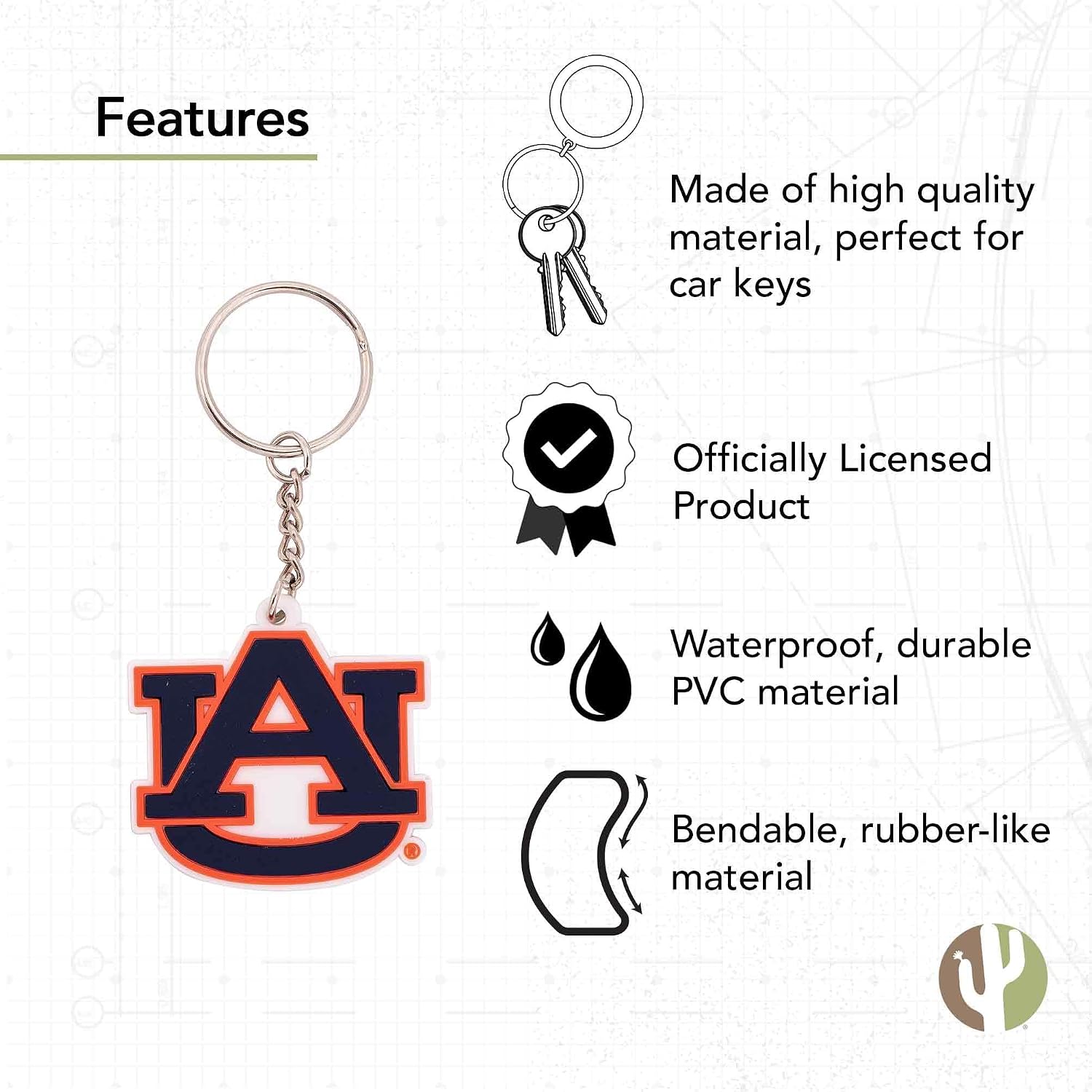 Desert Cactus Auburn University PVC Keychain AU Tigers Bag Tag, Backpack, Car, Gift, Souvenir, Key Ring (PVC A)