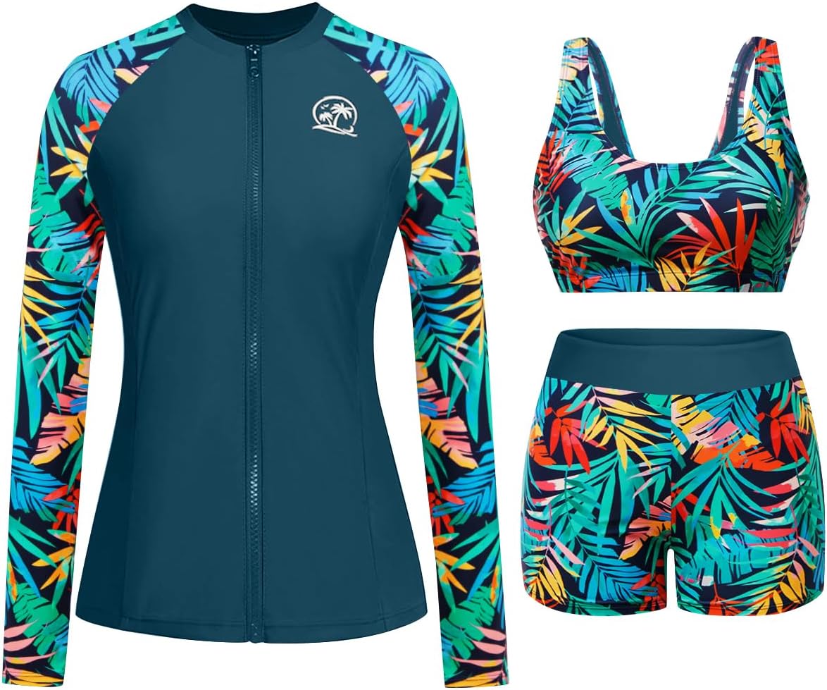 Holipick Long Sleeve Swimsuits for Women - 3 Piece Rash Guard with Shorts Zipper SPF Swim Shirt with Built in Bra