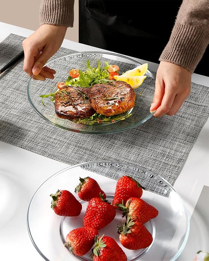 Image of PrimeWorld Clear 8-Inch Tempered Glass Plates - Set of 2 | Elegant Dinner, Salad, Dessert Plates | Microwave & Dishwasher Safe, Durable Glassware for Home, Kitchen, and Entertaining