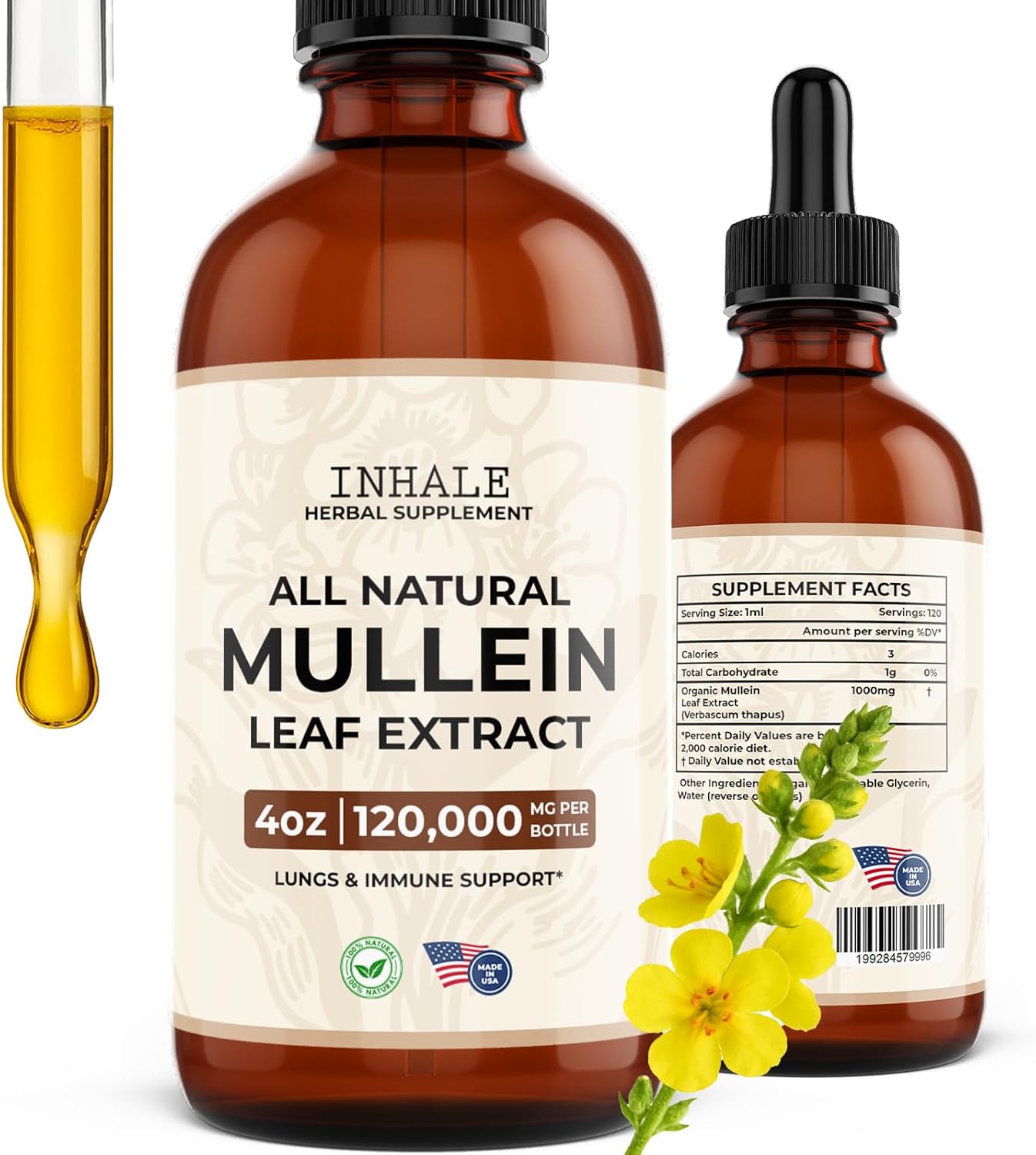 Inhale Mullein Drops – Lung Cleanse & Respiratory Support – Herbal Mullein Leaf Extract for Detox, Immune Health, Mucus Relief & Clear Breathing – Natural Supplement for Throat – Made in USA – 4oz
