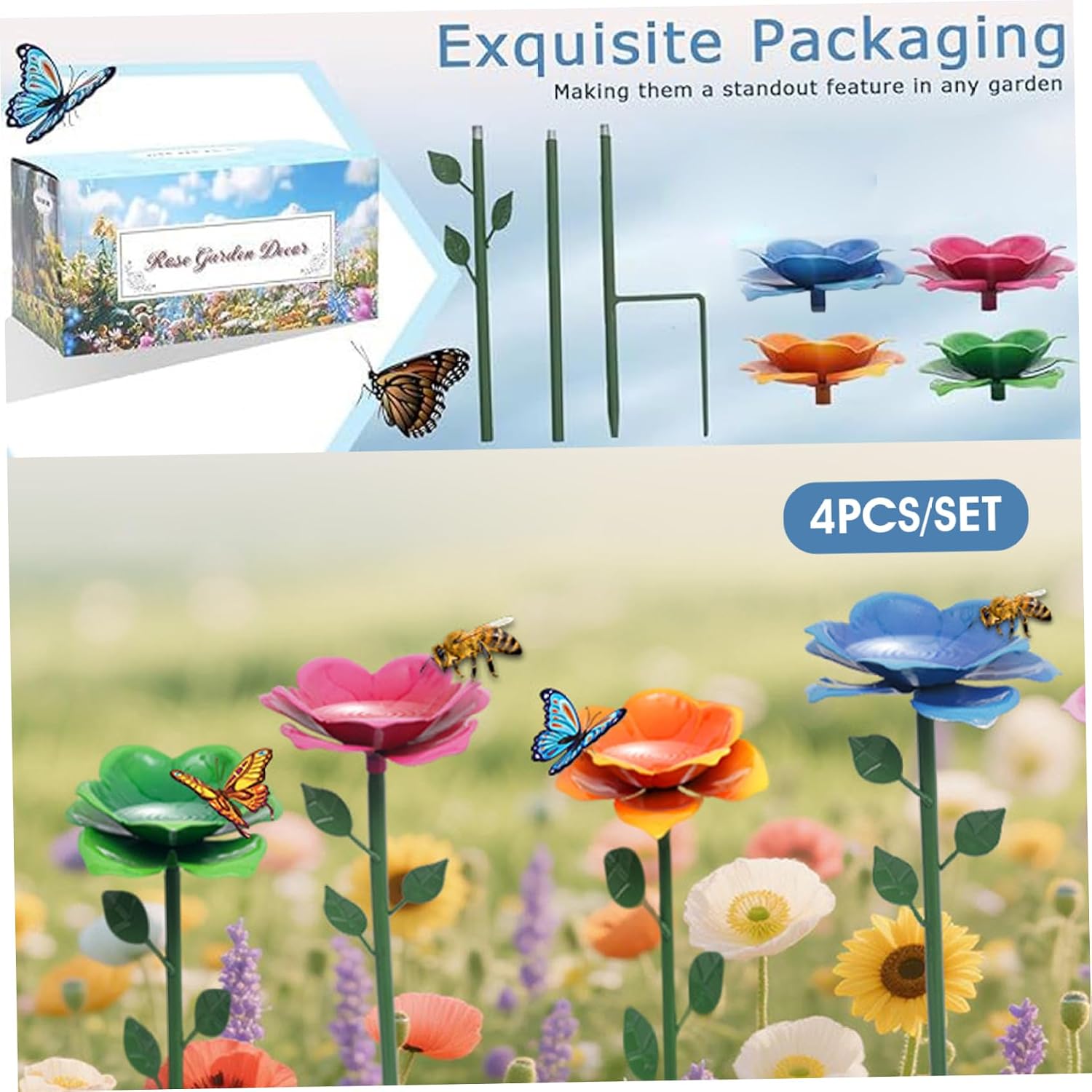 Bee Watering Station, Metal Butterfly Feeder Cups with Stakes, 4-Pack Colorful Flower Design Garden Yard Decor for Attracting Pollinators..