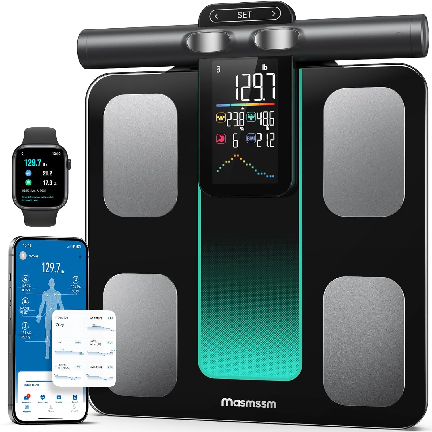 Báscula para peso corporal 8 electrodos de doble frecuencia Medición BIA Báscula digital de baño con mango Pantalla VA 28 métricas corporales