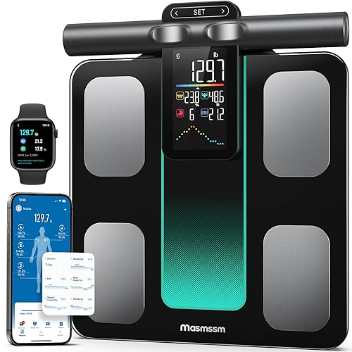 Báscula para peso corporal 8 electrodos de doble frecuencia Medición BIA Báscula digital de baño con mango Pantalla VA 28 métricas corporales