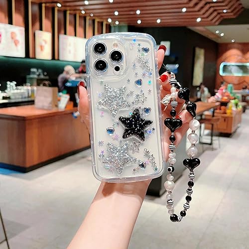 Miniatura 9 de Funda transparente compatible con iPhone 15 Pro, bonita perla 3D con purpurina y estrella con pulsera de perlas, diseño de cadena para niñas y