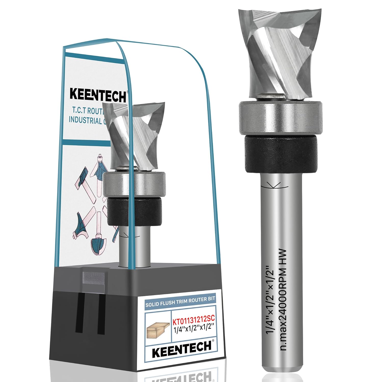KEENTECH Double Bearing Spiral Compression Flush Trim Router Bit, 1/4" Shank, 1/2" Cutting Dia x 1-1/4" Cutting Length, Top & Bottom Bearing