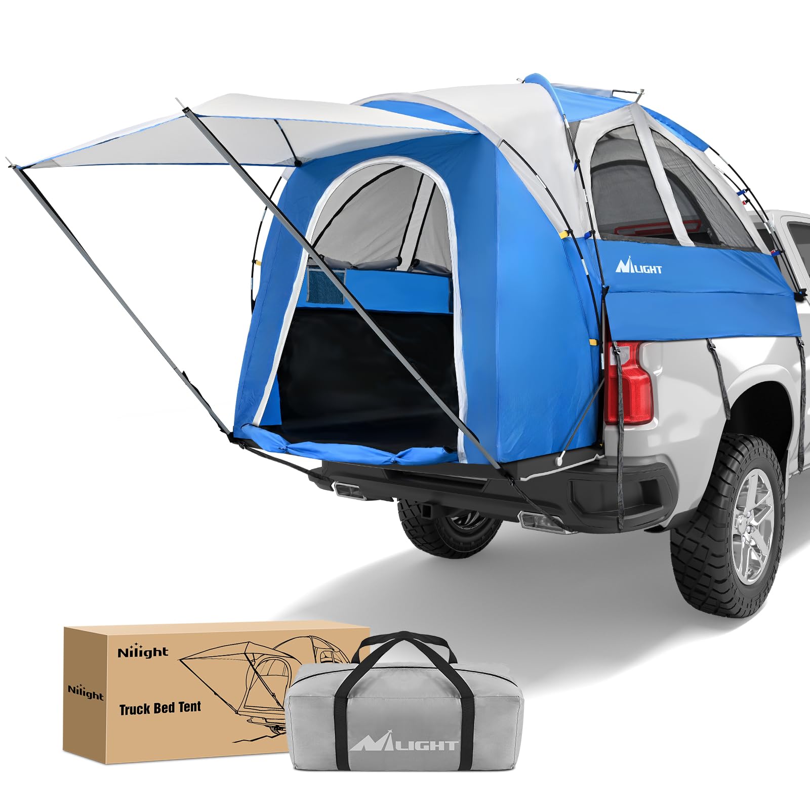 nilight truck bed tent 5.0-5.5ft pickup truck tents with removable awning waterproof pu2000mm double layer rainfly storage bag 2-person sleeping tailgate bed tents for camping travel outdoor,blue grey