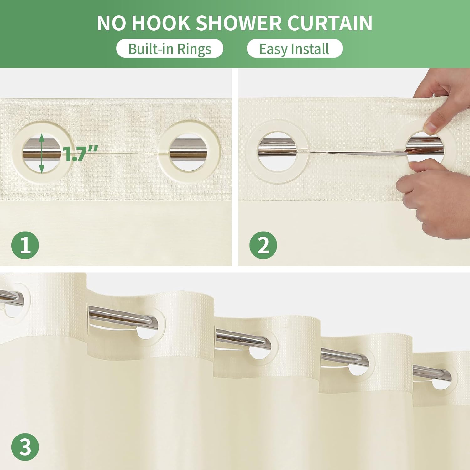 Extra Long No Hook Shower Curtain with Snap-in Fabric Liner Set,Cream Waffle Weave Shower Curtains for Bathroom,Hotel Luxury Decor Bathroom Curtain Set,Waterproof & Washable,71Wx86H