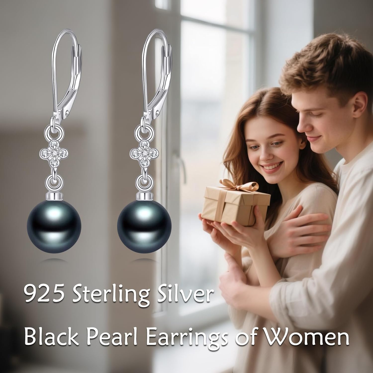 8mm Tahitian Black Pearl Earrings for Women 925 Sterling Silver Moissanite Black Pearl Earrings Exquisite Jewelry Gifts for Mother Wife Sister, Birthday Anniversary