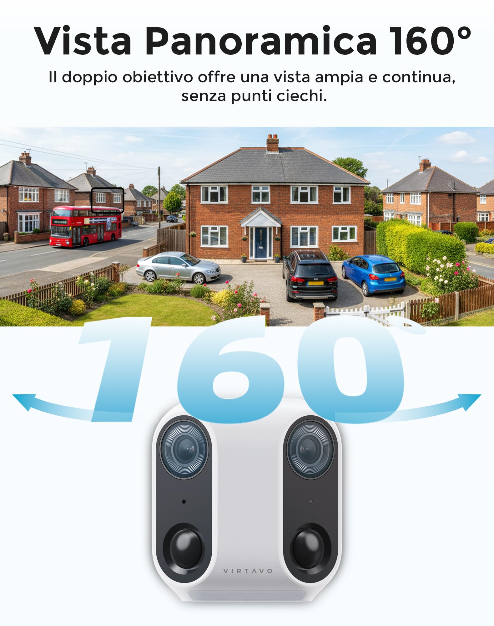 VIRTAVO XM1, Telecamera WiFi Esterno Senza Fili, Doppia Lente Vista Panoramica 160°, Videocamera di Sorveglianza con Pannello Solare, Visione Notturna Starlight a Colori, Rilevamento PIR, SD/Cloud