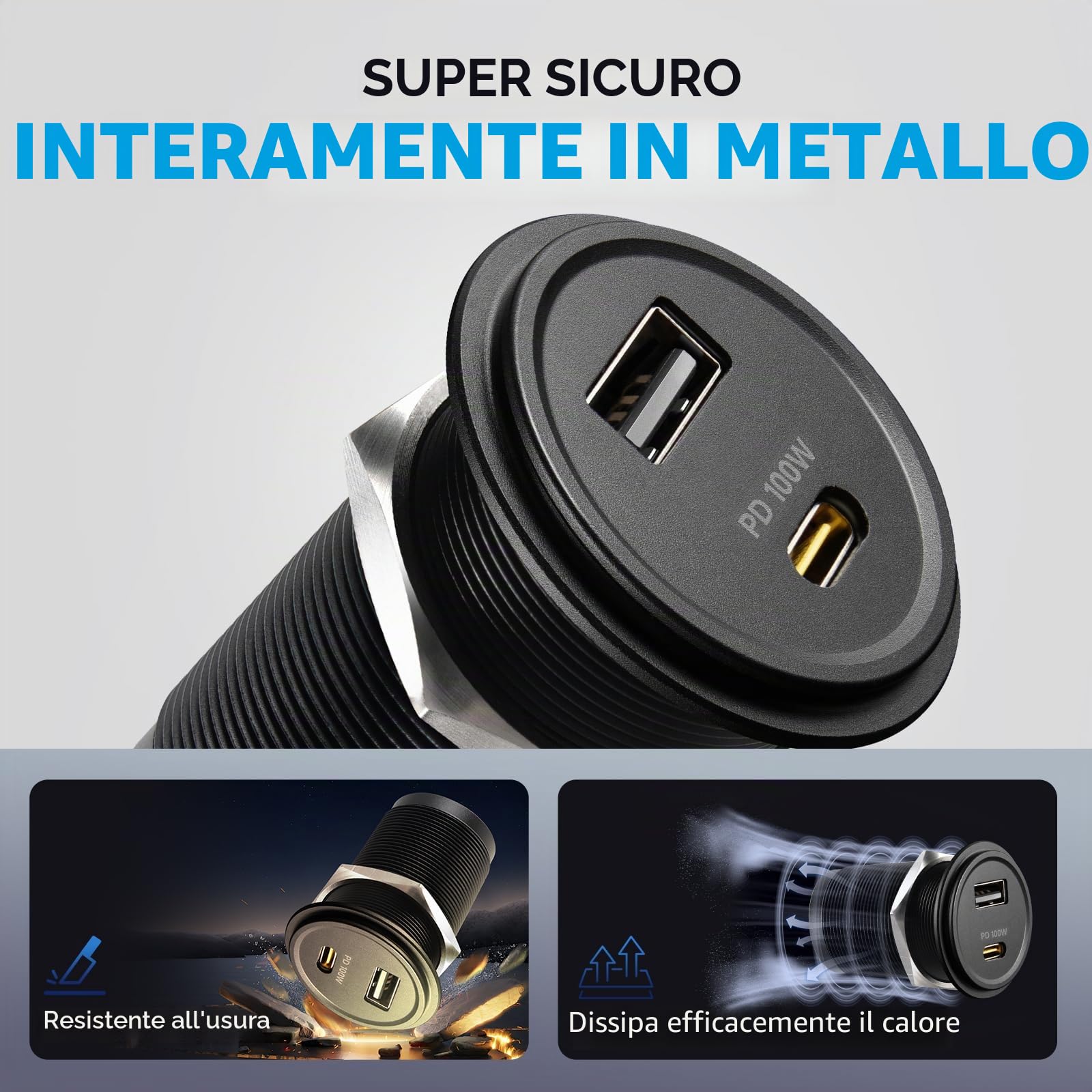 Presa USB 12V Camper, Alluminio Presa USB-C 100W & QC3.0 18W Caricatore Carica Rapida per Laptop, per Roulotte Barca Camion Auto,1 Pezzo