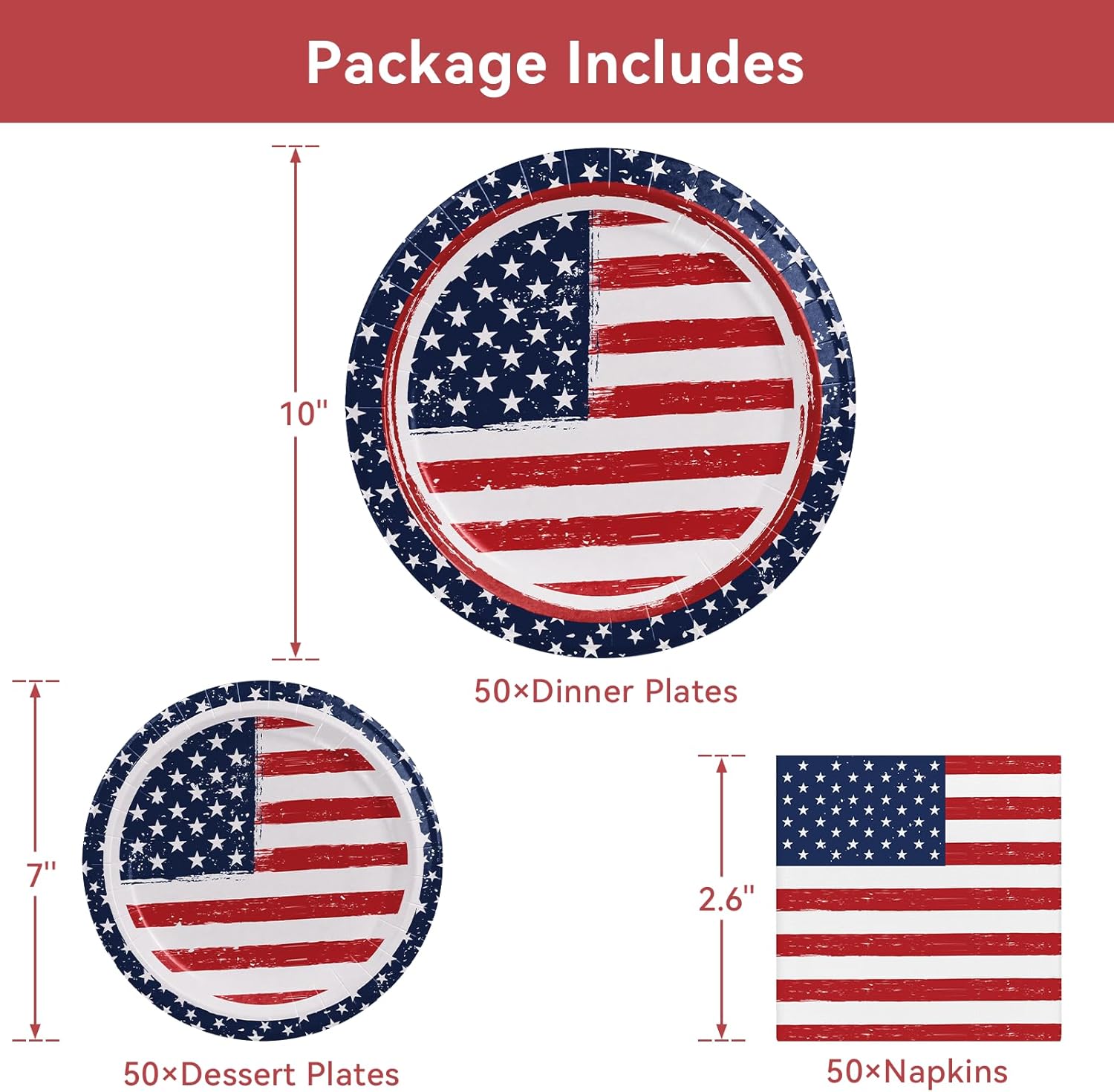 4th of July Paper Plates and Napkins Set 150 Count, 10'' and 7'' Disposable Plates, Memorial Day/Independece Day/Labor Day/Veterans Day/Patriotic Party Decorations Supplies, Serve 50