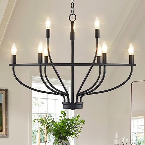 FookChak Candelabro negro de 9 luces, lámpara de araña para comedor, para sala de estar, isla de cocina, dormitorio, 28.54 pulgadas, E12