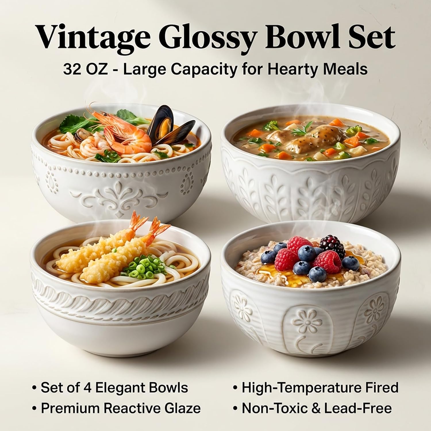 Artena Soup Bowls 32 OZ, Cereal Bowls Set of 4, Embossment Ceramic Ramen Bowl, 6.3 Inch White Salad Bowls, Large Dinner Bowl for Pho, Noodle, Pasta, Snack, Dishwasher Microwave Safe, Multiple Patterns