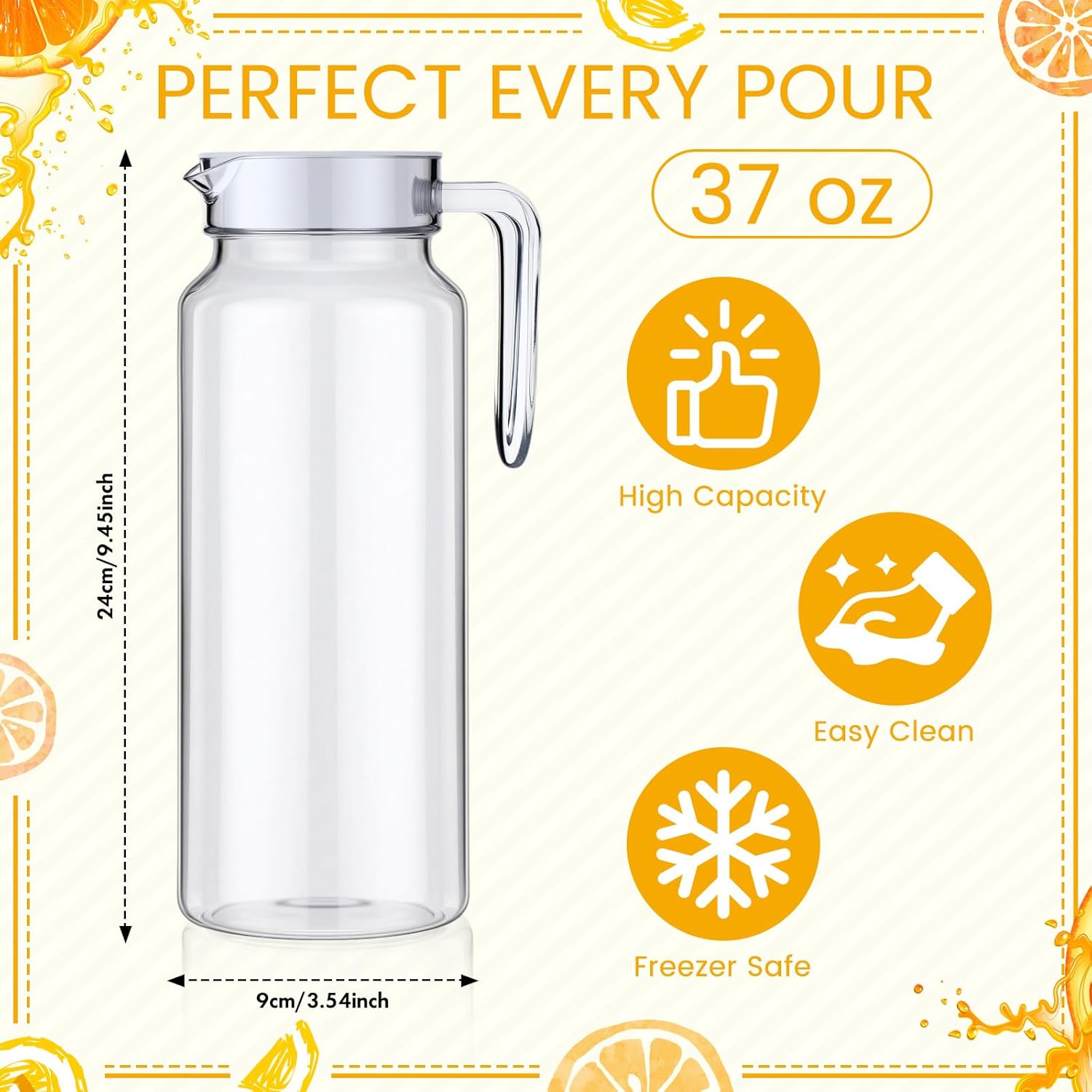 4 Pcs Acrylic Water Pitcher with Lid, Spout Handle Clear Plastic Pitcher Heat Resistant Carafe Unbreakable Beverage Container Fridge Jug for Juice Ice Tea Sangria Lemonade(37 oz,Round)