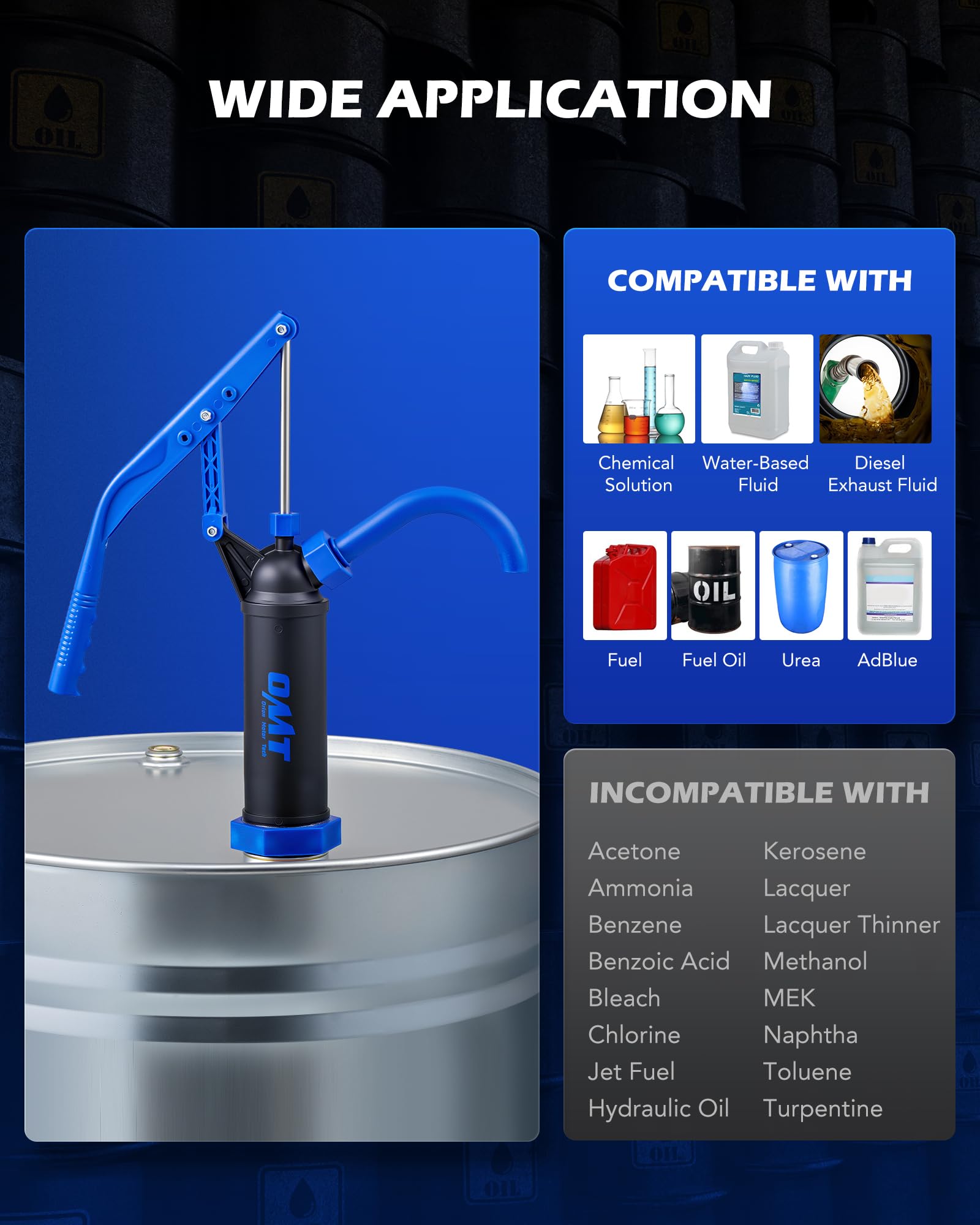 Orion Motor Tech 55 Gallon Drum Pump, Fits 5 to 55 Gallon Drums & Barrels, Lever Action Barrel Pump with 3 Section Suction Tube for Transfer of Chemicals, Acidic Solutions, Fuels, Water Based Fluids