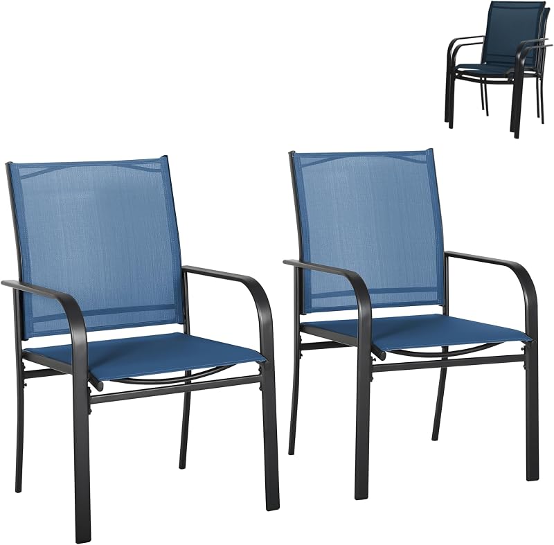 SUNCROWN Juego de 2 sillas de exterior, sillas de comedor para patio, asiento transpirable de textileno para todo tipo de clima, silla de tela para jardín, patio trasero, terraza, pileta, azul oscuro