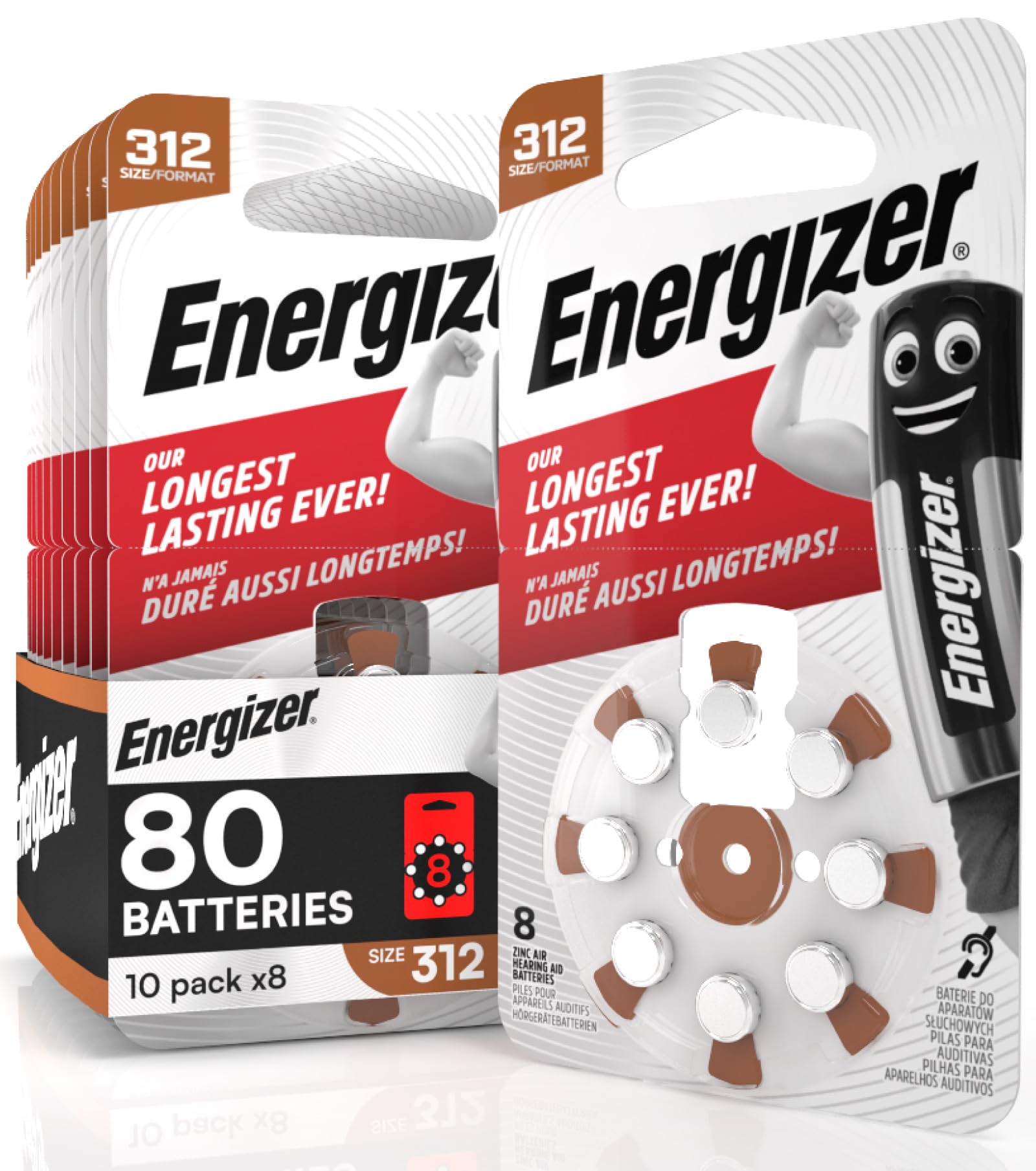 80 pilas acústicas Energizer para audífonos, tamaño 312, marrón sin mercurio, 10 paquetes de 8 pilas