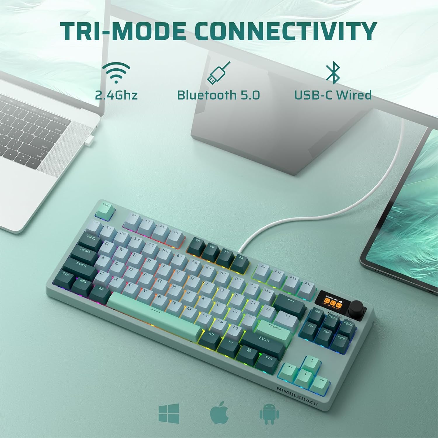 Illustration of the keyboard's tri-mode connectivity options: 2.4GHz wireless, Bluetooth 5.0, and USB-C wired.