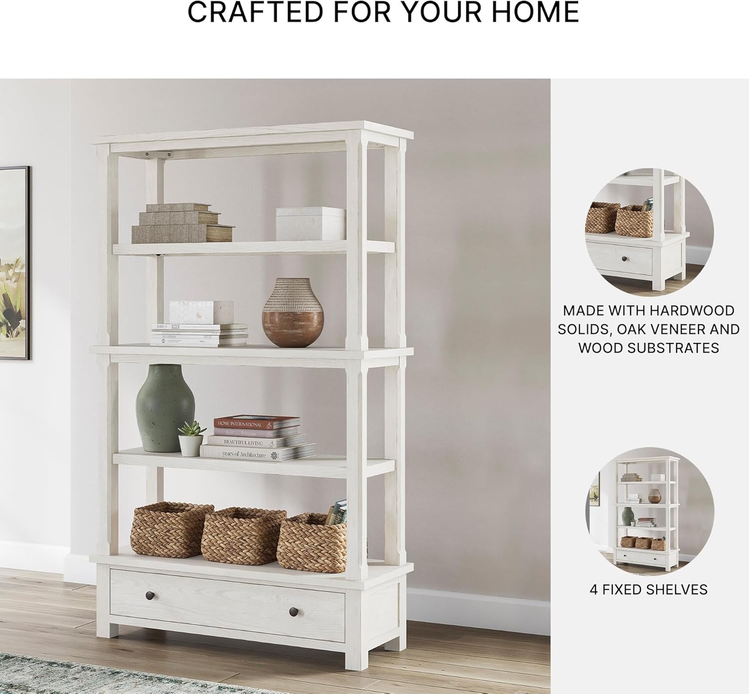 Signature Design by Ashley Robbinsdale Casual Bookcase with 4 Fixed Shelves, Single Drawer, Metal Knobs, Wood, 45" W x 17" D x 74.63" H, Antique White