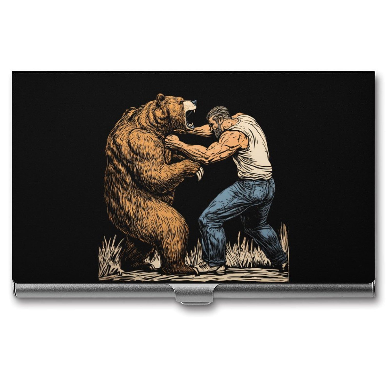 Fighting with Bear Slim Business Card Holder Wallet for Men & Women Pocket Metal Case 3.7x2.2x0.3 Inches