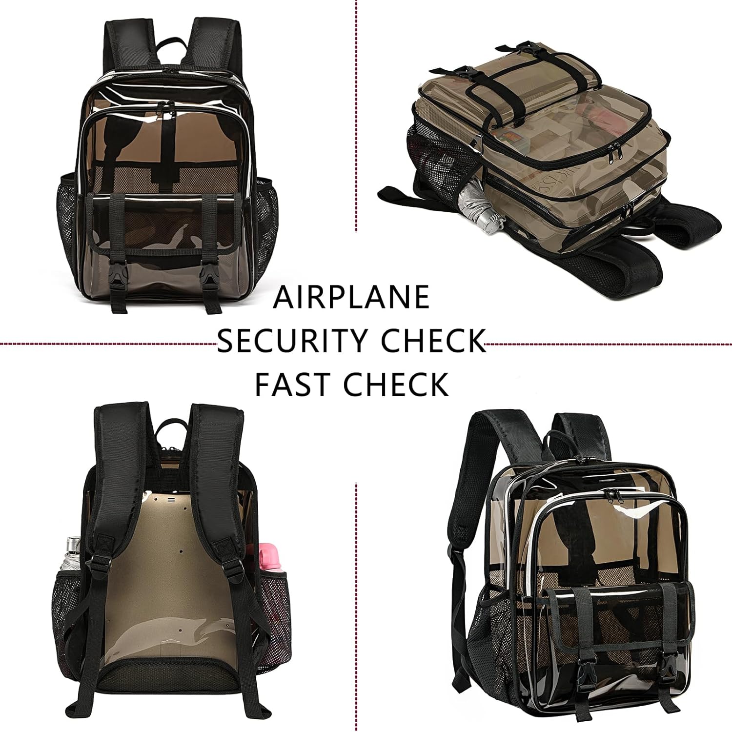 Clear Backpack, 15 inch Heavy Duty See Through Backpack for Boys and Girls Clear Book Bag with Multi-pockets, Brown - Image 4