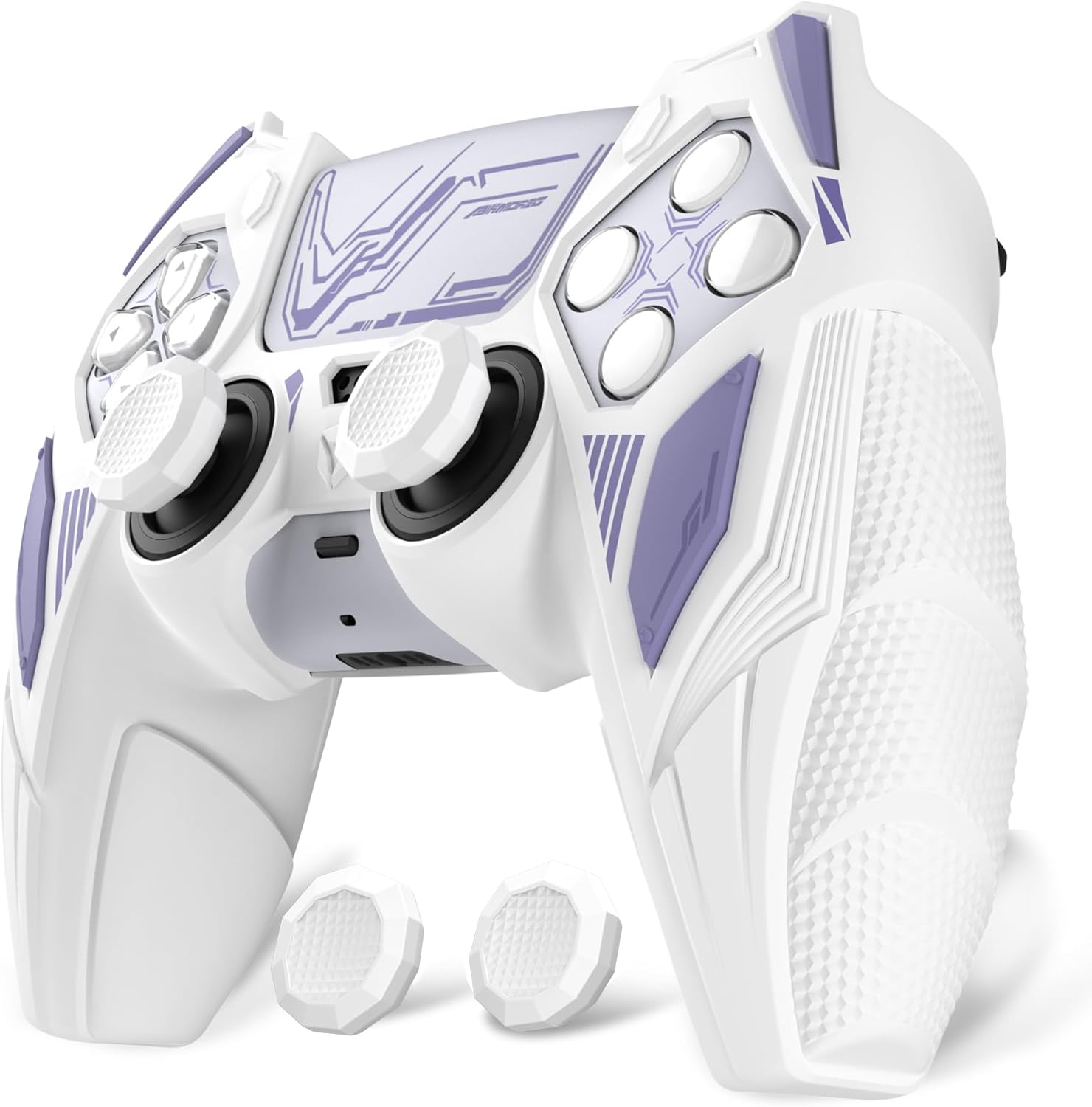 PlayVital Silicone Skin Set for PS5 Controller - Mecha Rhino Design, Anti-Slip Grip Cover Protector Compatible with Charging Dock, with Thumb Grips & Touchpad Sticker - White & Light Violet