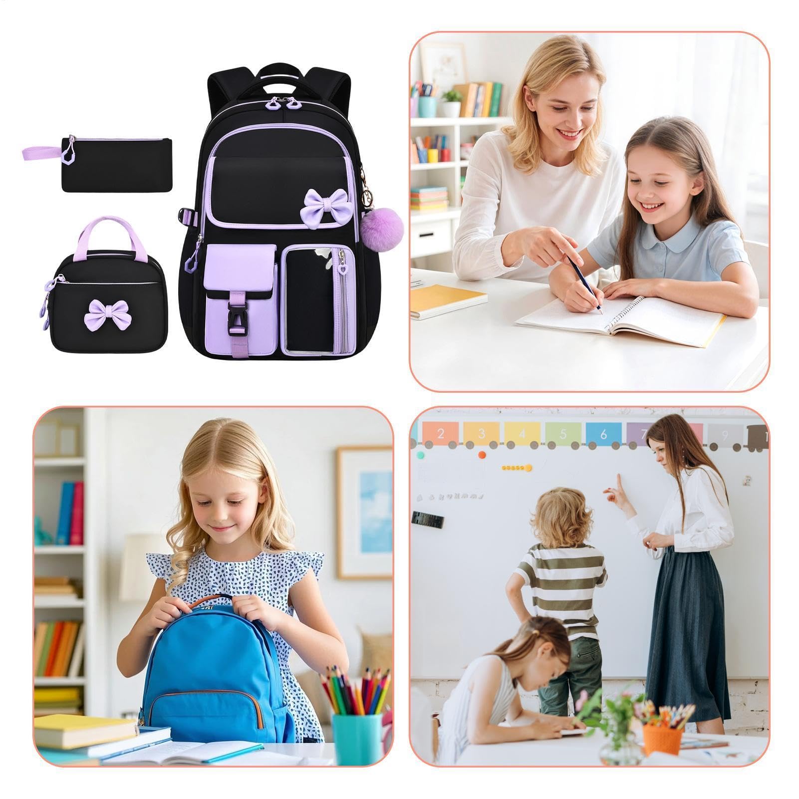 Mädchen Schulrucksack Mit Brotdose 3-teilig Verstellbar Niedliche Schleife | Studenten Notebook Lässig Für Schüler Schulbücher Schreibwaren Lunch Geldbörse Kleidung