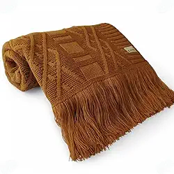 Manta de Tricô com Franjas Padrão Geométrico 150x90cm para Sofá Poltrona Sala Decoração (Ferrugem/Cognac)