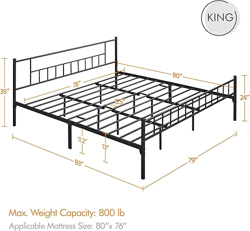 Miniatura 2 de Yaheetech Base de cama de metal tamaño King con cabecero y plataforma de estribo, base de cama con almacenamiento, no necesita somier, base de