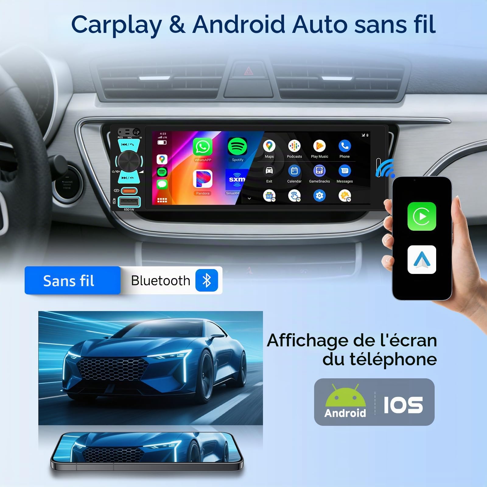 Hodozzy Autoradio 1 Din avec Carplay Android Auto sans Fil, écran Tactile 6,5 Pouces avec Bluetooth, Poste Radio Voiture Multimédia AM FM RDS MP5, Mirror Link, Type-c/USB/AUX SWC EQ, Caméra Recul