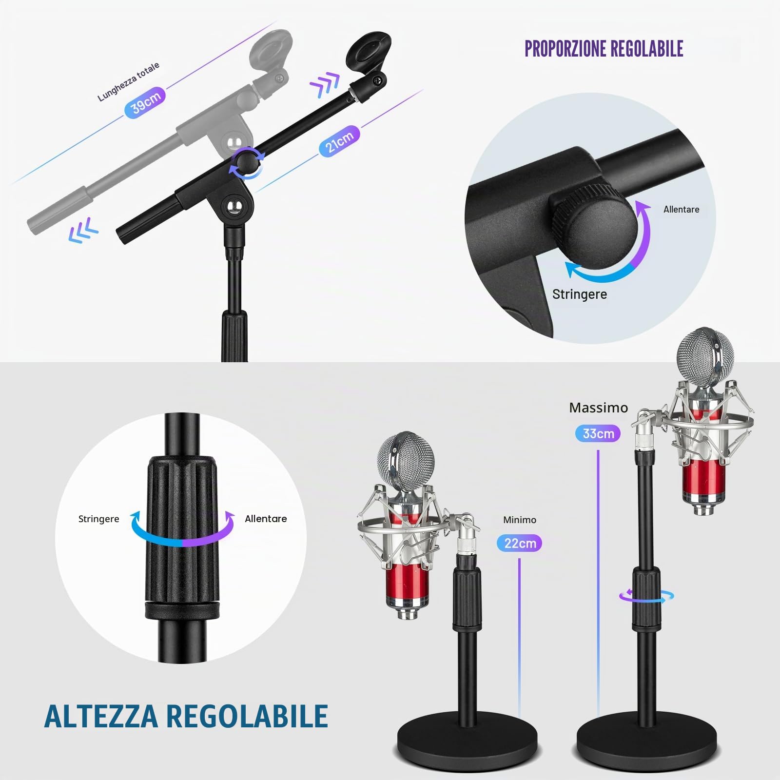 CAHAYA Supporto per Microfono da Tavolo Regolabile con 2 Diversi Clip Asta Microfono da Scrivania con Braccio Telescopico con Adattatore 3/8" a 5/8" CY0360