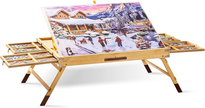 Adjustable Puzzle Table, 1500 Pieces Wooden Puzzle Board with Drawers and Turntables, Can Support 25 Degrees, Foldable Leg Jigsaw Table for Adults Jigsaw table