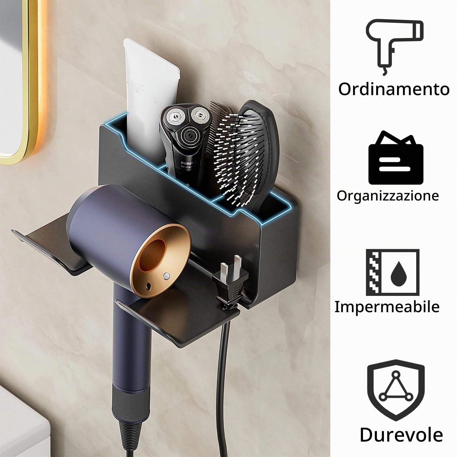Supporto per Asciugacapelli Senza Forare Porta Asciugacapelli da Parete | Supporto Organizzatore per Asciugacapelli Senza Foratura, Autoadesivo Adatto per Hotel, Bagni, Barbieri (Nero)
