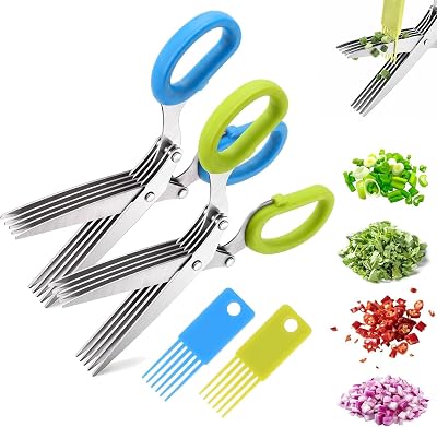 Multipurpose 5 Blade Herb Scissors Kitchen Herb Shears Herb Cutter with Safety Cover and Cleaning Comb for Chopping Basil Chive Parsley,Green+Blue