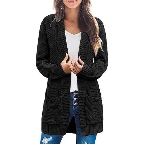 MEROKEETY Women's Long Sleeve Cable Knit Cardigan Sweaters Open Front Fall Outwear Coat