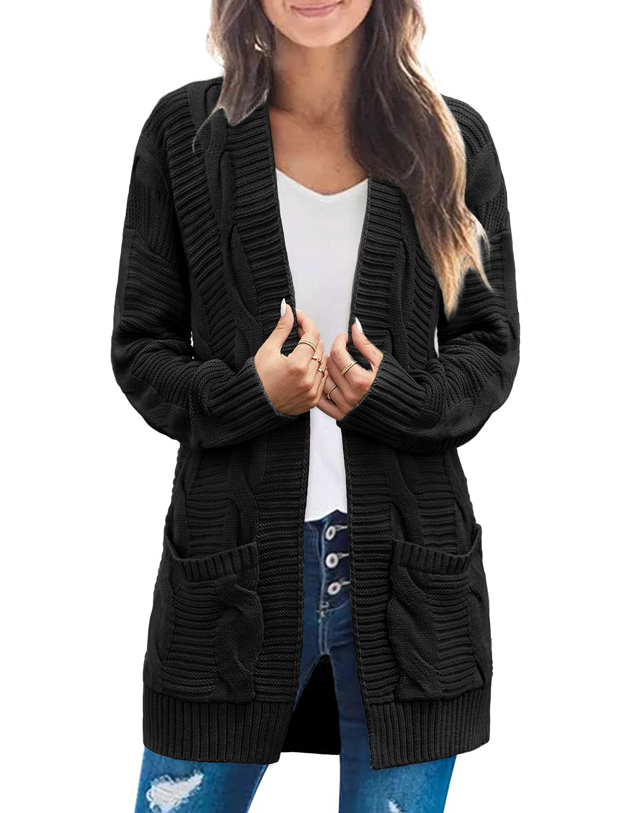 MEROKEETYWomen's 2025 Long Sleeve Cable Knit Cardigan Sweaters Open Front Fall Outerwear Coat Pockets