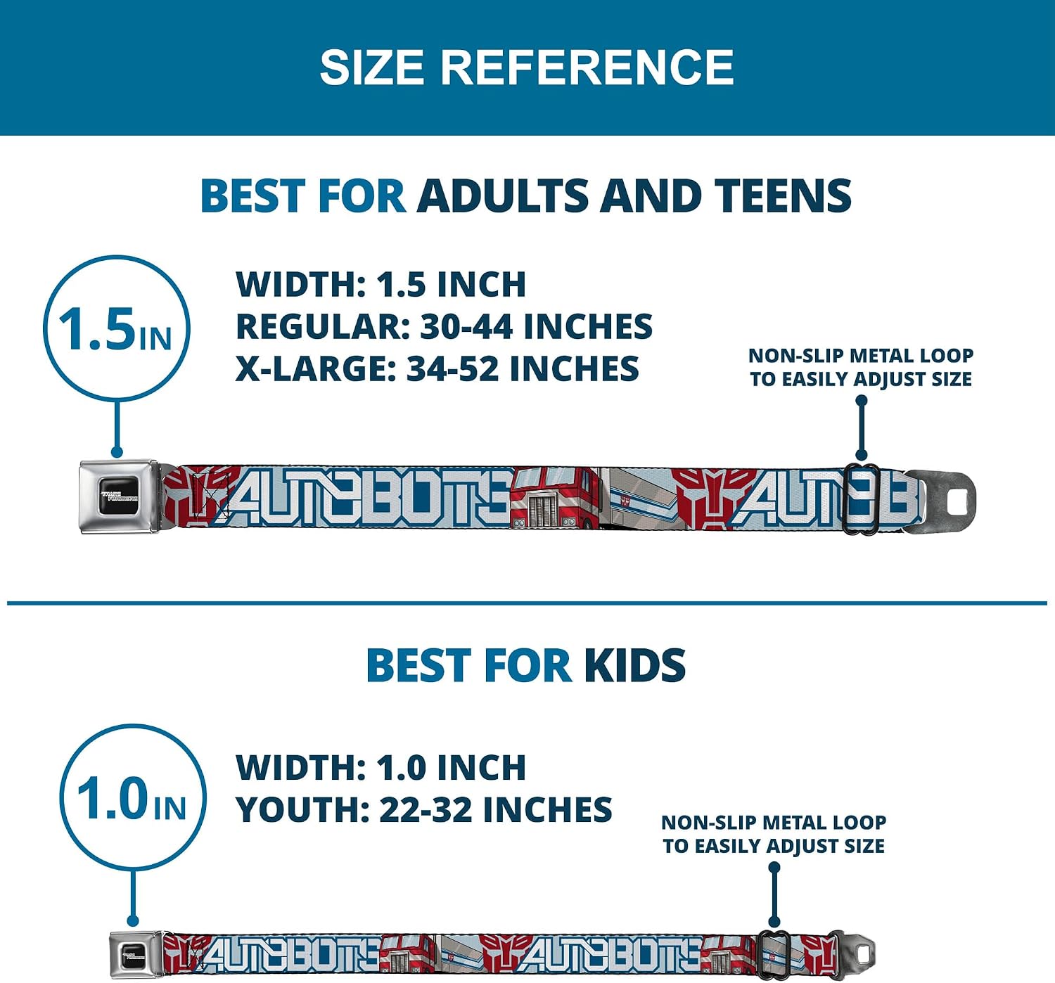 Hasbro Belt, Seatbelt Buckle Belt, Transformers Autobots Optimus Prime Semi Truck Collage Blue, Adjustable