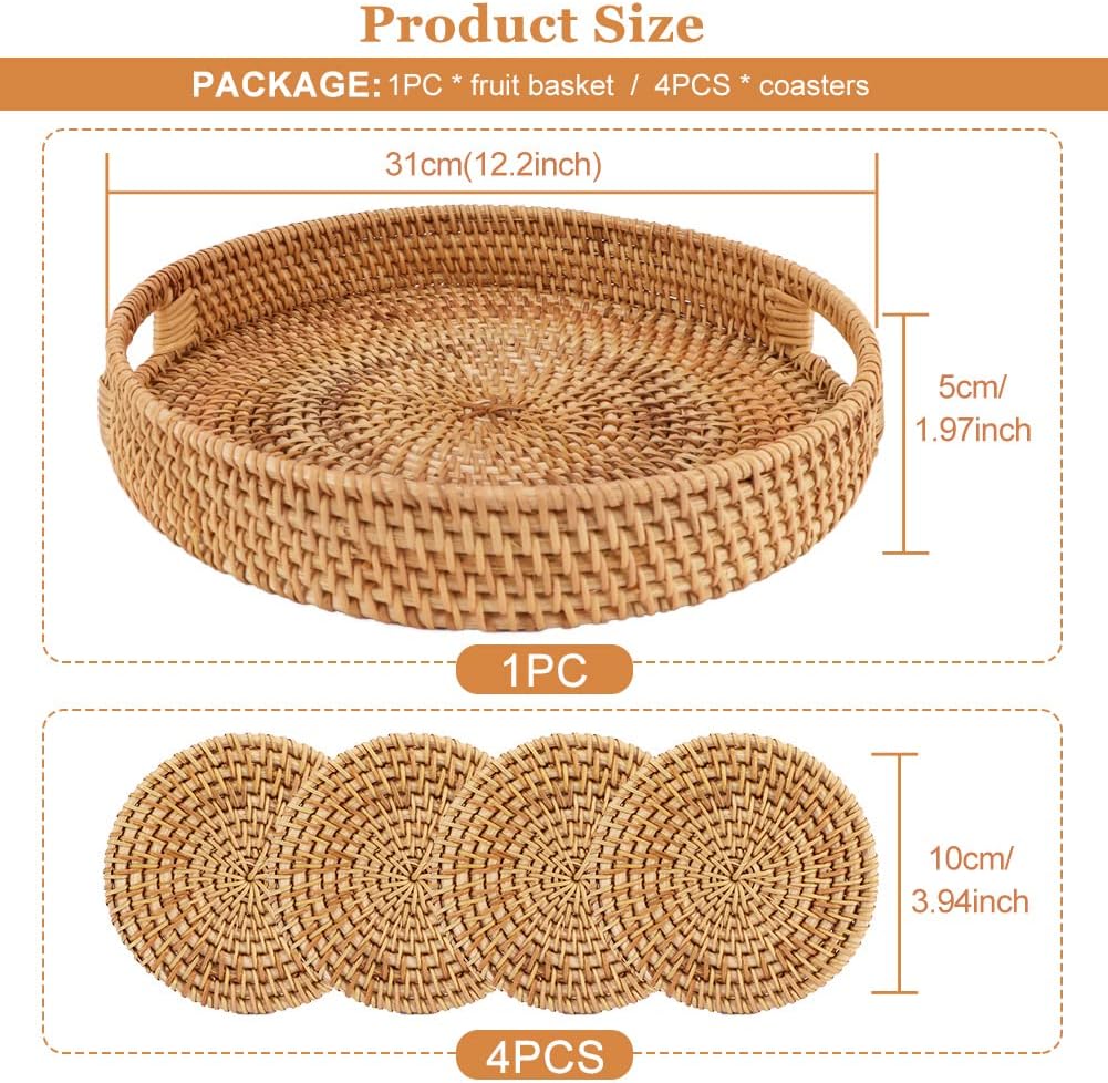 Round Rattan Serving Tray, Round Woven Wicker Basket Ottoman Trays with 4 Rattan Coaster, Decorative Rustic Table Tray with Handles for Serving Dinner, Fruit, Breakfast, Tea, Drink, 12 inch