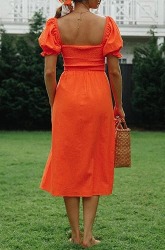 Miniatura 4 de R.Vivimos Vestido de verano para mujer, de algodón, a cuadros, mangas abombadas, casual, hombros descubiertos, bohemio, con abertura lateral