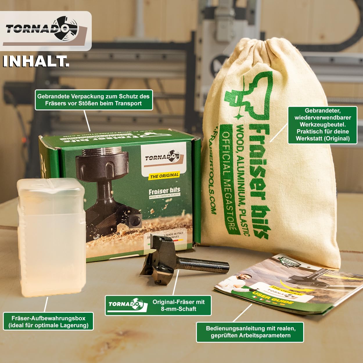 Fraiser Tornado - Planfräser Holz mit Schnittdurchmesser 35 mm und 8 mm Schaft, 3 austauschbaren HM-Wendeplatten - Flächenfräser, Kantenfräser und Nutfräser für CNC und Oberfräse