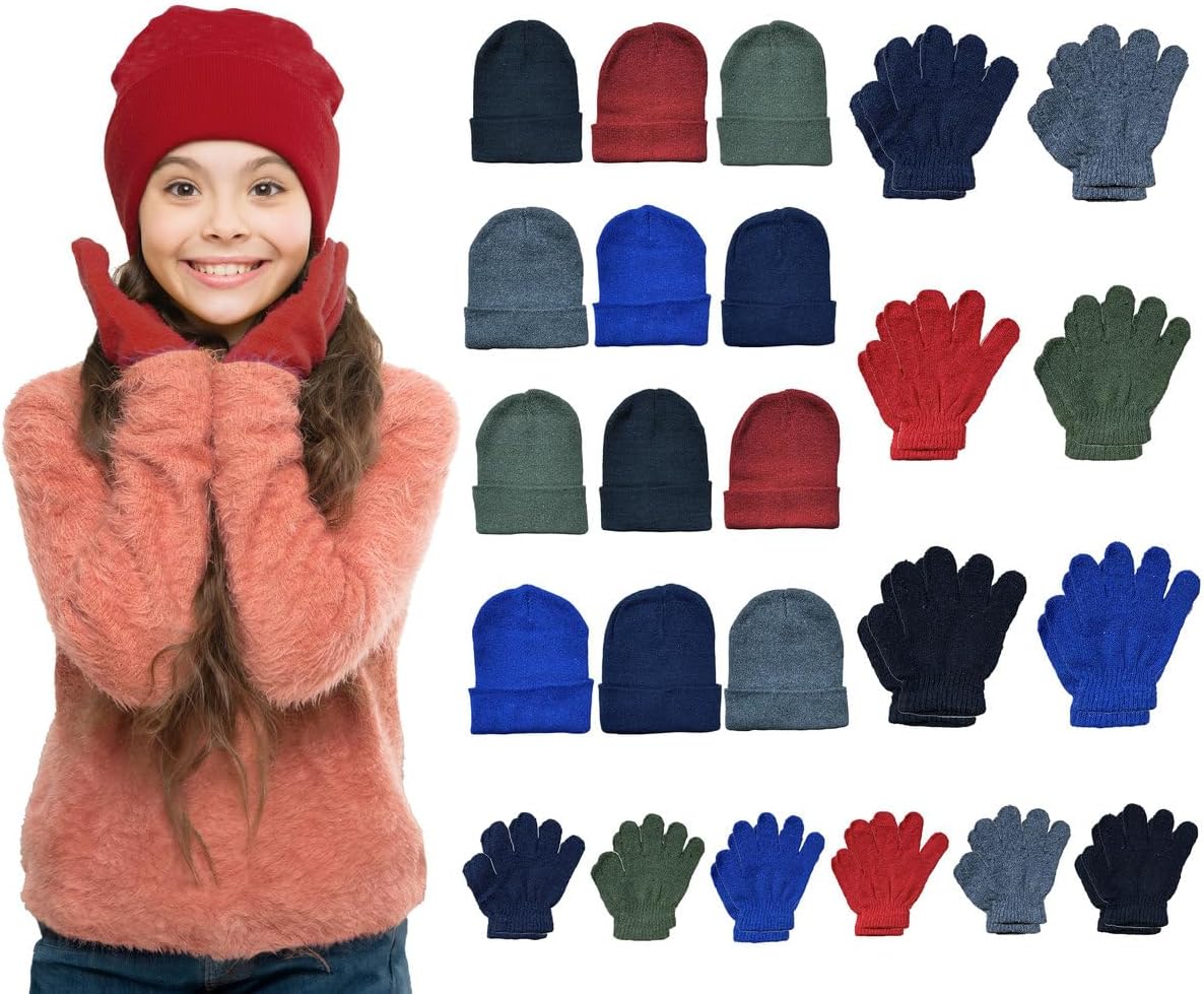24 Piece Kids Winter Set: 12 Pack Beanie Hats + 12 Pairs Winter Gloves/Mittens, For Children, Bulk Boys Girls Cold Weather
