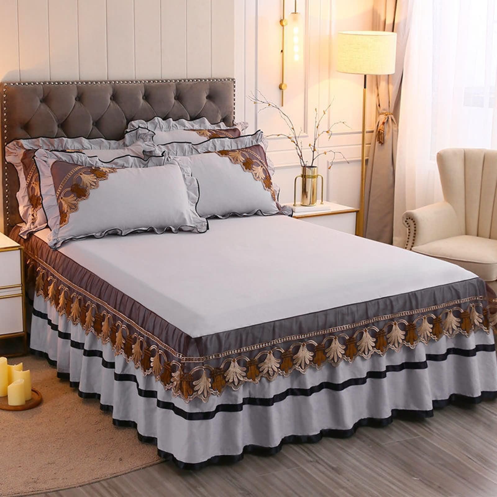 Jupe de lit 180x200cm en coton gris avec dentelle de marque Beydodo