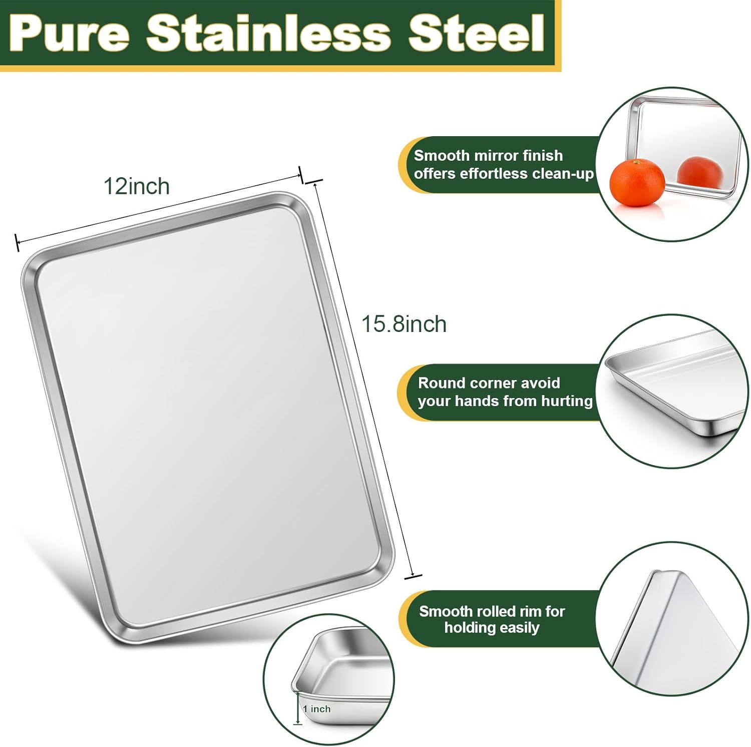 teamfar stainless steel baking sheet, 16” x 12” x 1” baking pan tray cooling wire rack with silicone mat set for daily use, healthy & sturdy, oven & dishwasher safe, set of 2 16\"x12\"x1\"