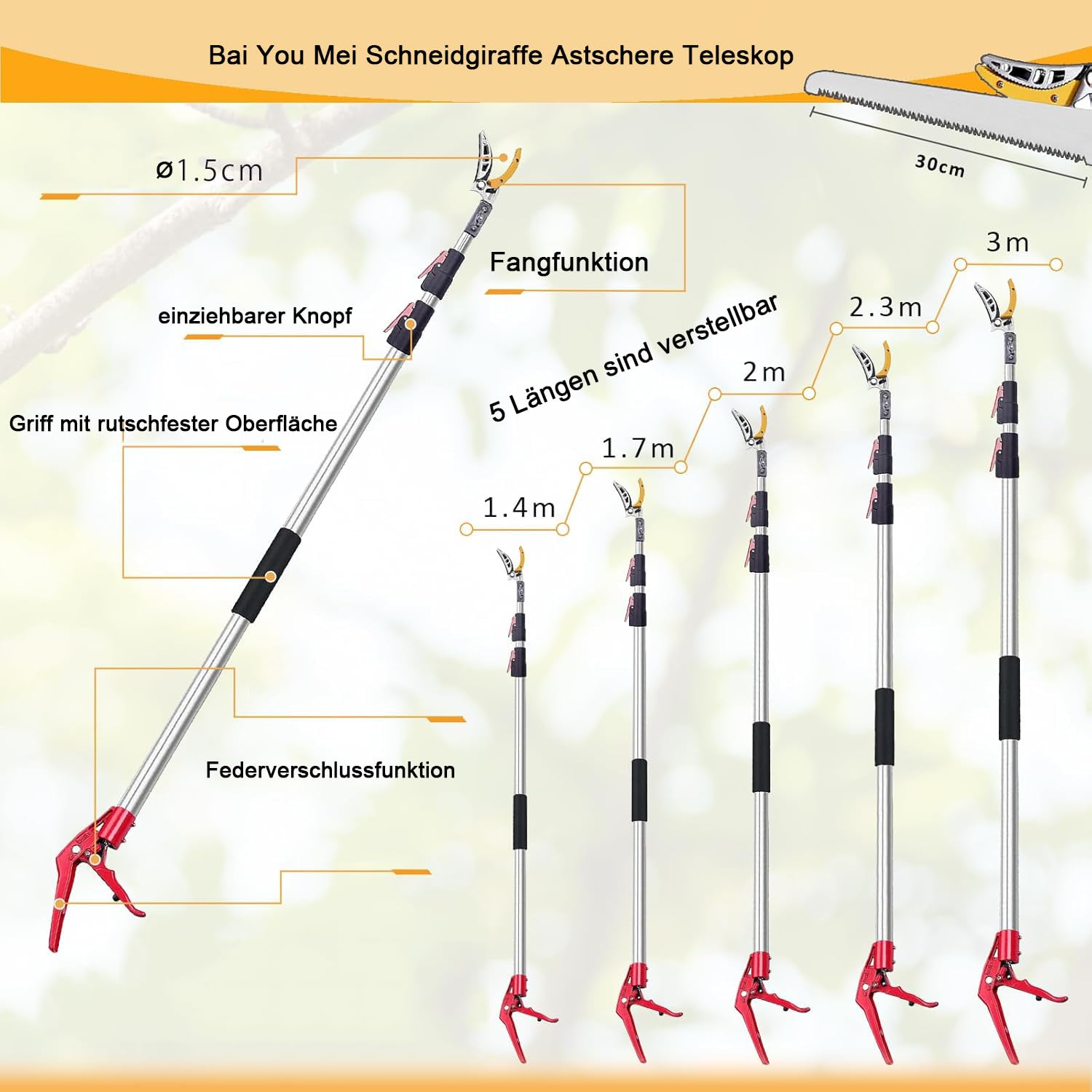 Maneggevole con una sola mano, giraffa da taglio + sega da potatura (– 3,40 m) – Forbici telescopiche per potare alberi, cespugli, cesoie telescopiche, tagliasiepi a risparmio di lavoro,