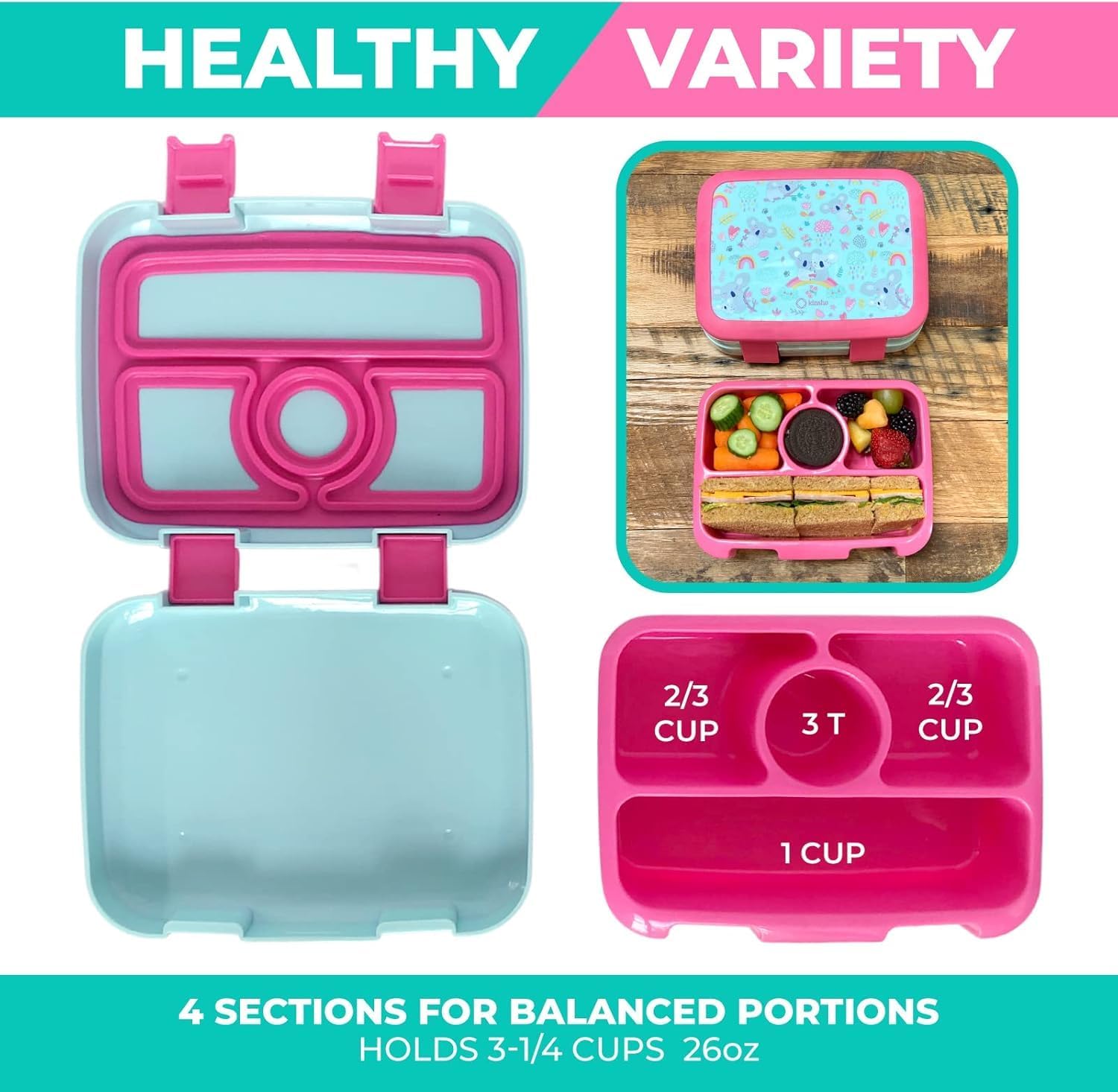 kinsho Bento Lunch Box for Kids Toddlers Girls, 4 Portion Sections Secure Lid, Microwave Safe BPA Free Removable Tray, Pre-School Kid Daycare Lunches Snack Container Ages 3 to 5, Pink Koala - Image 5