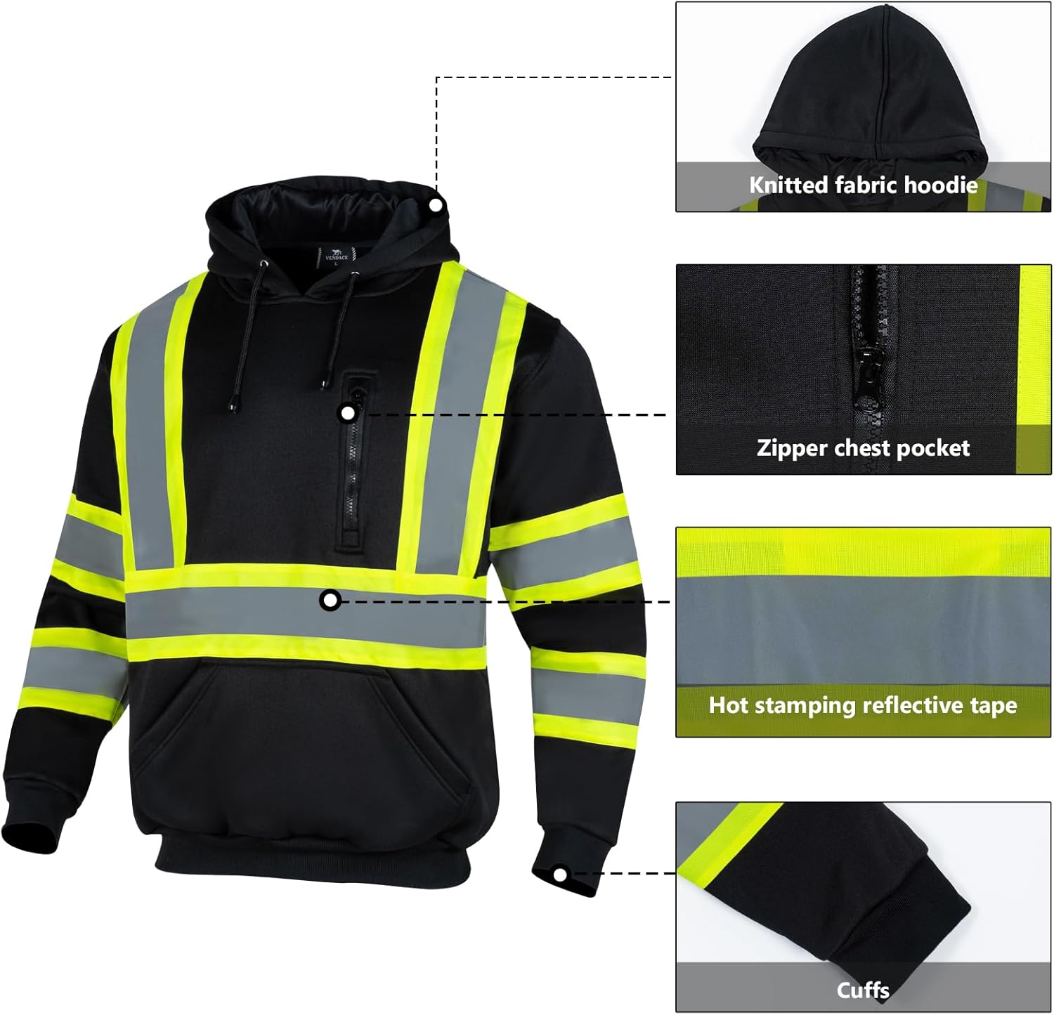 VENDACE High Visibility Hoodie for Men ANSI Class 3 Reflective Safety Hi Vis Fleece Sweatshirt Work Construction - Image 5