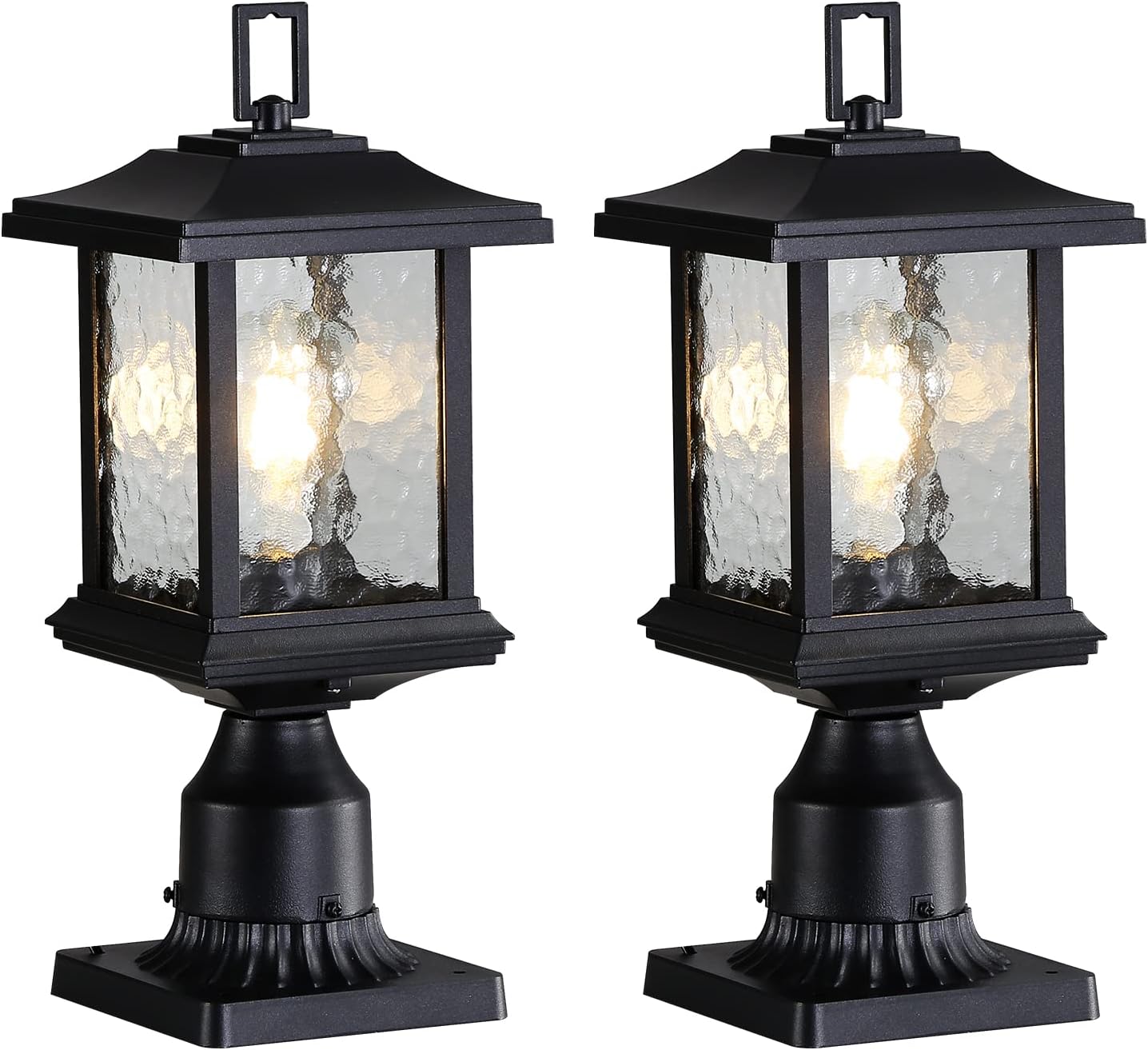Outdoor Post Light Fixture with Pier Mount Base - 2 Pack Black Anti-Rust Exterior Post Lantern Outdoor Lighting, Pillar Lantern Outside with Water Ribble Glass for Pathway, Garden, Patio