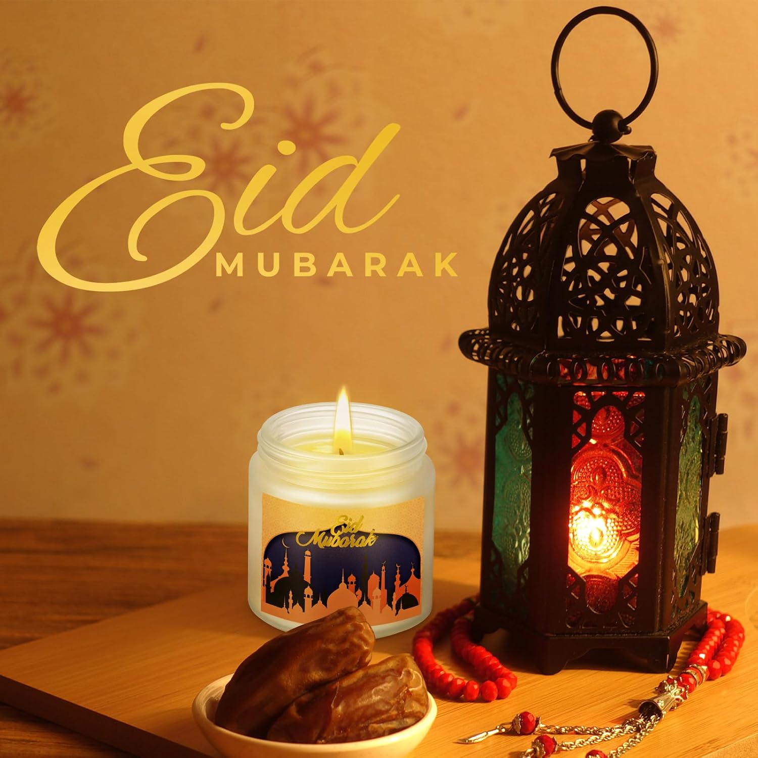 MTLEE 6 Pcs Ramadan Mubarak Scented Candles 3.5 oz Eid Candles Lights Ramadan Candles White Glass with Gold Lid Eid Mubarak Decorations for Home Muslim Islam Eid Gifts Festival Decor