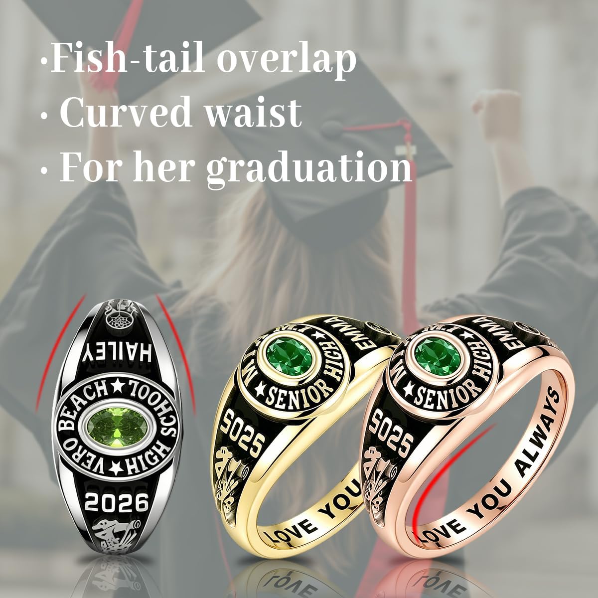 Sterling Silver Class Rings Personalized Custom Rings Class Rings for Women High School Birthstone Rings Graduation Rings Size 5-15 College Rings for Women
